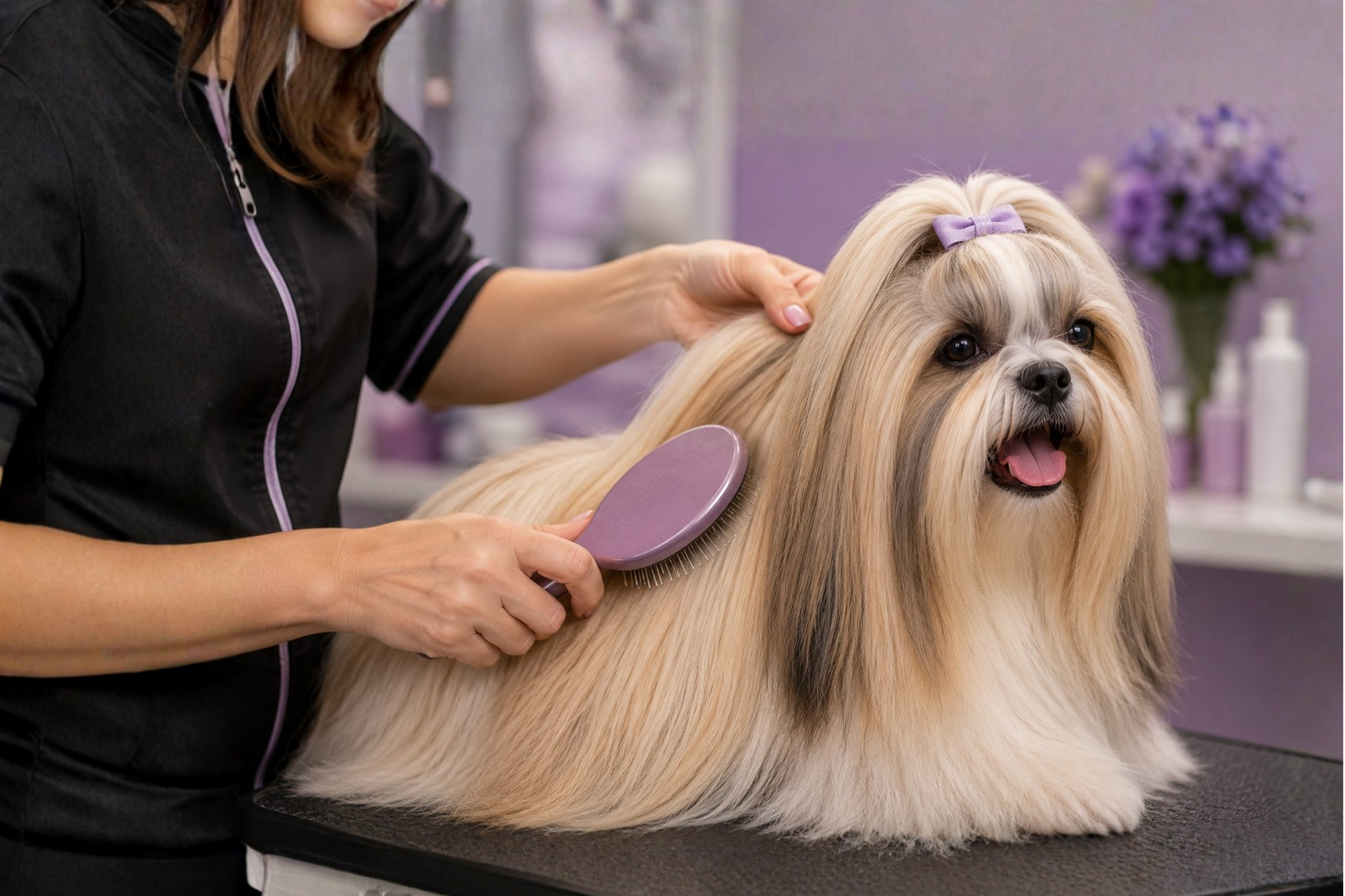 Professional brush out for a long-coated dog.